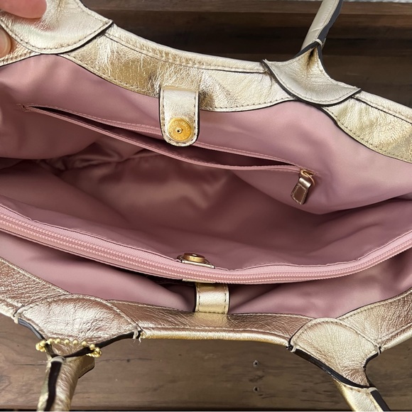 Coach Gold and Brown women signature Tote Bag with leather flower accents - Picture 7 of 15